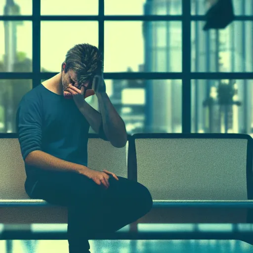 Image similar to detailed photorealistic with bokeh, and cinematic lighting of man sitting while crying because of programming.