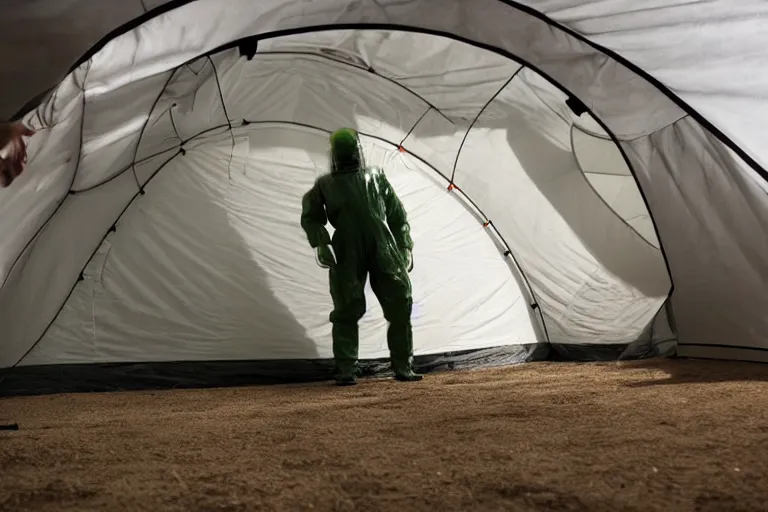 Image similar to man wearing hazmat suit in clean tent. by Roger Deakins