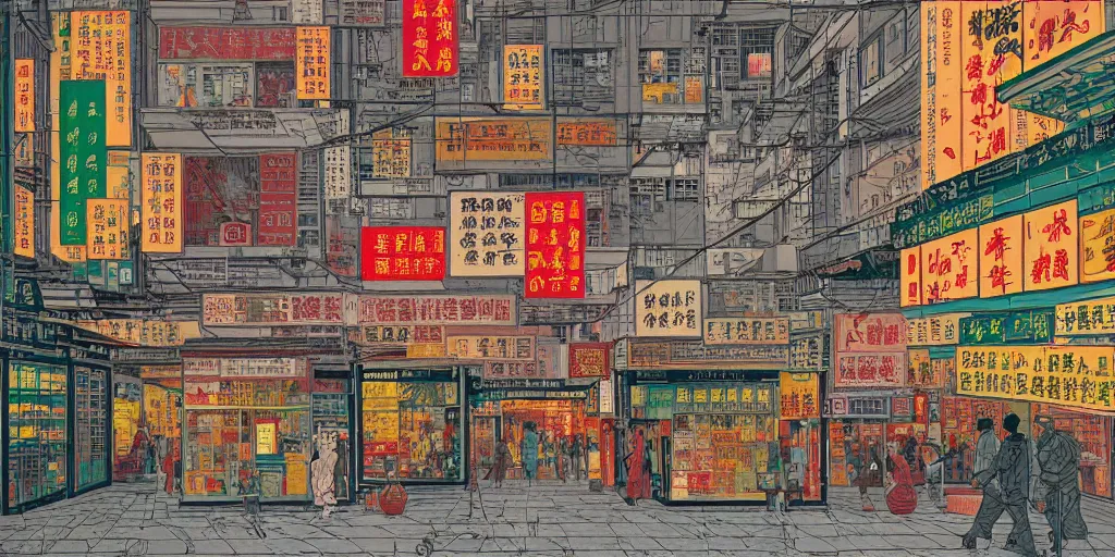 Image similar to a window view onto a street of shops in hong kong, by dan mumford and peter doig and edward hopper, minimal, black in, thick lines highly detailed, muted colours, overlaid with chinese adverts, 8 k