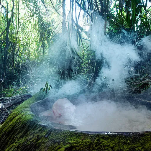 Image similar to pristine bath filled with bubbles in a clearfelled jungle, slash and burn, deforestation