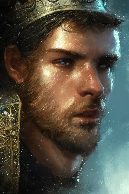 Image similar to King Arthur, close-up portrait, powerfull, intricate, elegant, volumetric lighting, scenery, digital painting, highly detailed, artstation, sharp focus, illustration, concept art, ruan jia, steve mccurry