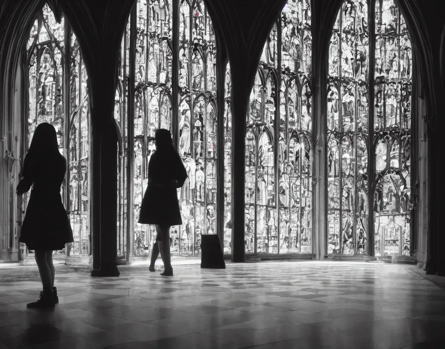 Image similar to a highly detailed unreal engine symmetric portrait of a gothic girl in a richly decorated church with a wet floor and light coming in through the stained windows, bokeh, tilted frame, henry cartier bresson