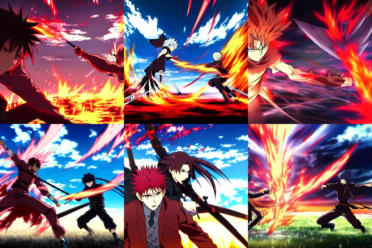 Prompt: still of an intense anime battle, fiery battlefield, art by anime studio ufotable.
