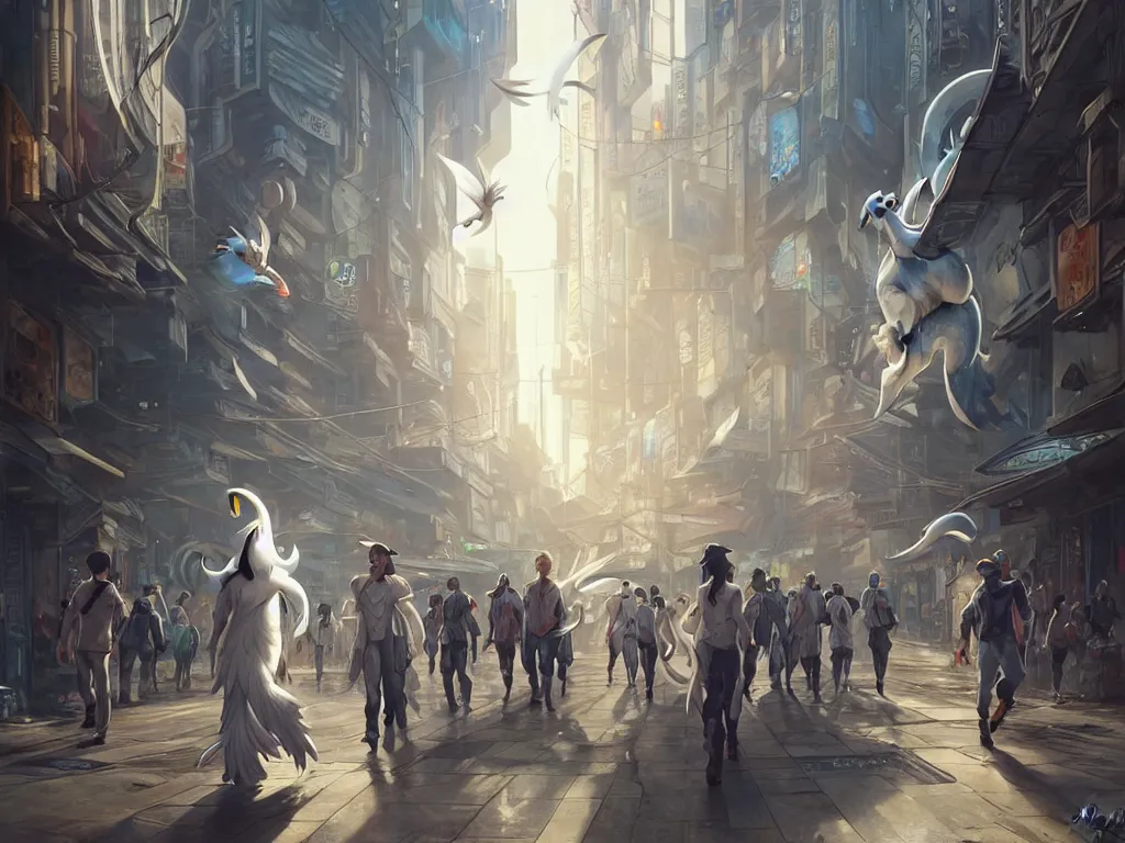 Prompt: a big lugia pokemon walking among people in open door market, cyberpunk, sci-fi, fantasy, intricate, elegant, highly detailed, digital painting, artstation, concept art, smooth, sharp focus, illustration, art by Yintion J - Jiang Geping and artgerm and greg rutkowski and alphonse mucha