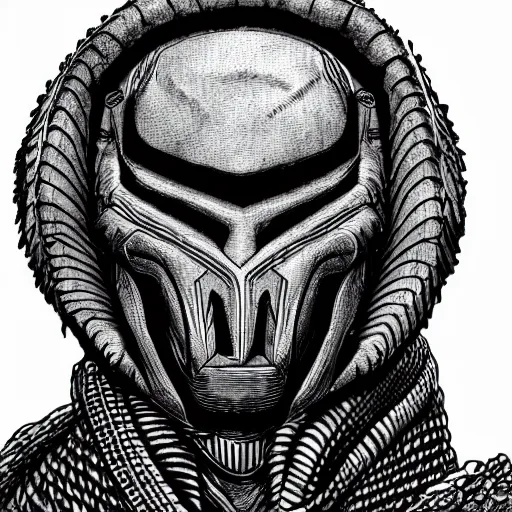 Image similar to hedcut portrait of yatuja wearing mask from the movie predator