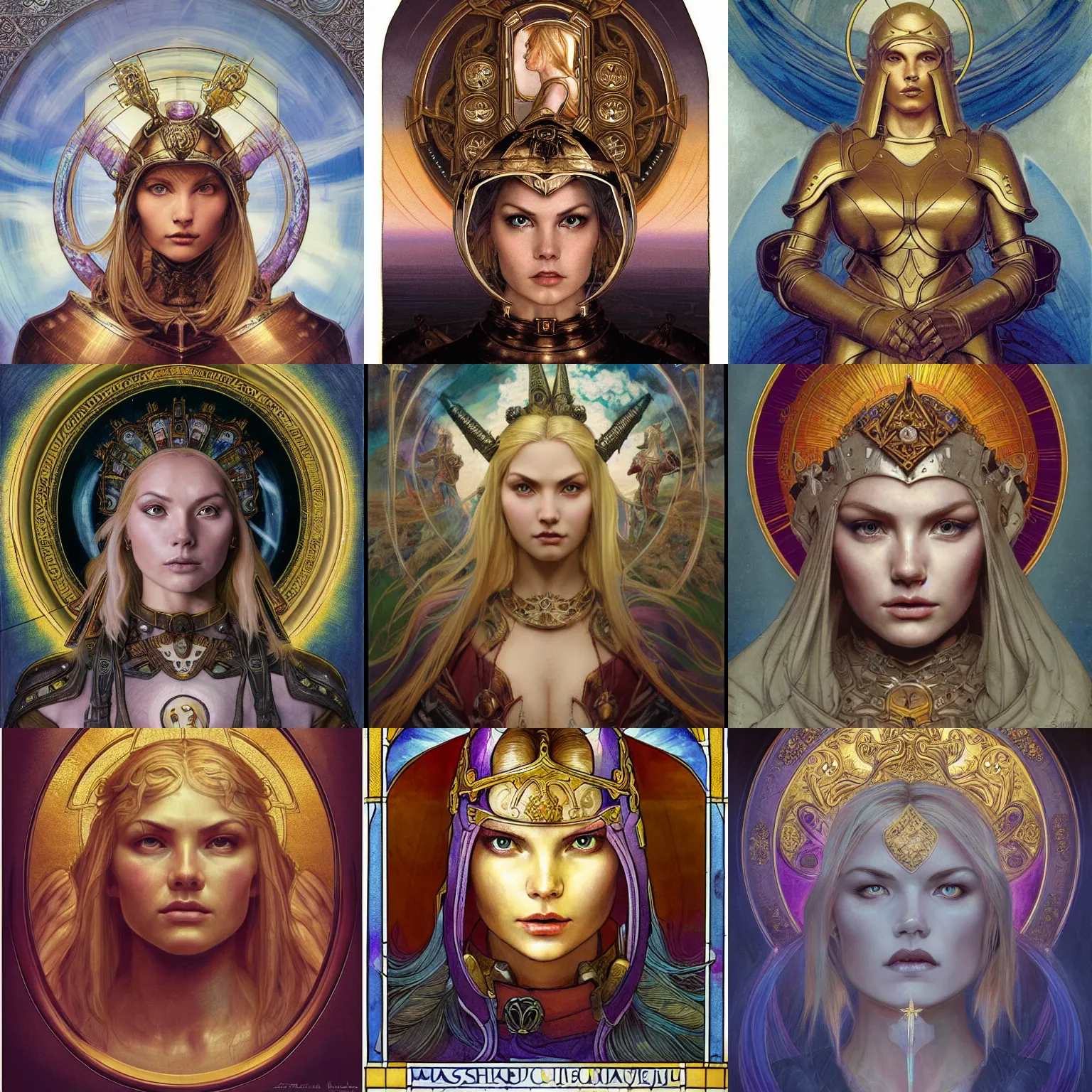 Prompt: masterpiece head-on symmetrical centered portrait, Elisha Cuthbert as a paladin, RPG portrait, medieval era, blonde hair, prismatic golden halo around head, wearing plate armour, elegant, distant, stained glass tarot style, in the style of Edgar Maxence and Ross Tran and Zdzisław Beksiński and Michael Whelan and Mucha and Gustave Doré, specular highlights, 8k, octane render