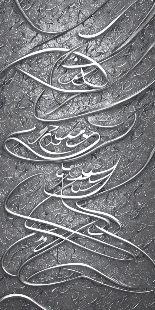 Prompt: a photorealistic render of a 3 d arabic calligraphy, made of liquid metal and marble, cinema 4 d, by zhelong xu, ernst haeckel and mouneer alshaarani, hyper realistic, plain background, 8 k, volumetric lightning, trending on artstation