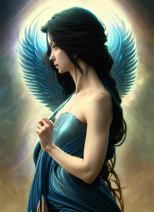 Image similar to a beautiful cinematic female archangel queen, fantasy sea landscape, fantasy magic, short aqua blue black fade hair, dark light night, intricate, elegant, sharp focus, illustration, highly detailed, digital painting, concept art, matte, art by WLOP and Artgerm and Greg Rutkowski and Alphonse Mucha, masterpiece