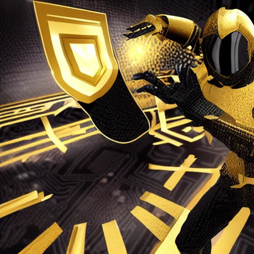 Image similar to black and gold knight fighting cybercriminal