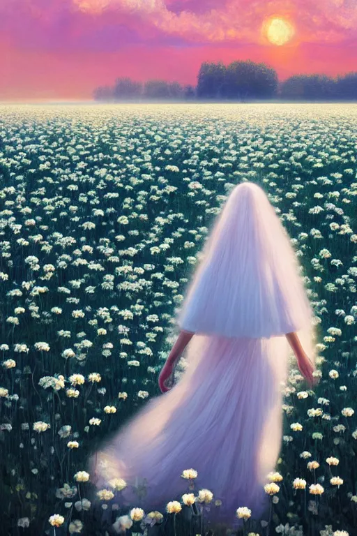 Prompt: giant white daisy flowers as head, veiled girl walking in a flower field, surreal photography, sunrise, dramatic light, impressionist painting, colorful clouds, digital painting, artstation, simon stalenhag