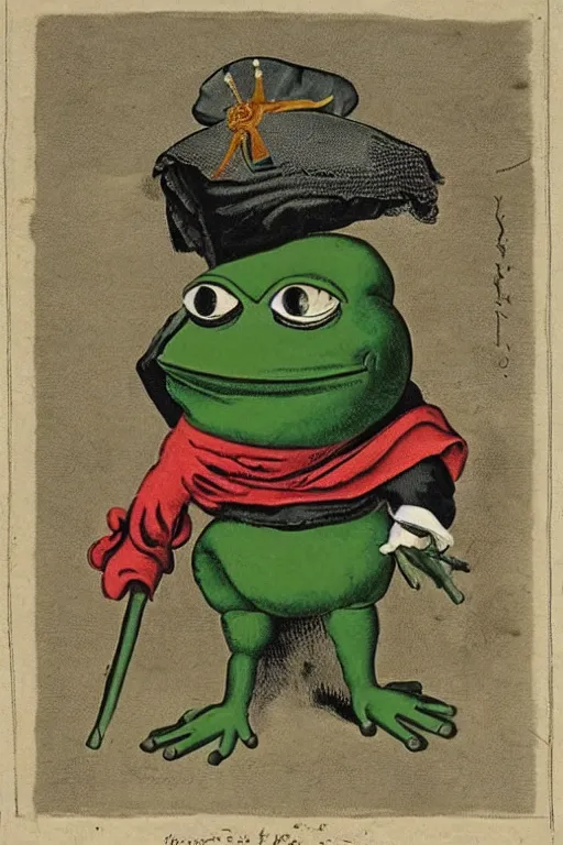 Image similar to pepe the frog in 1 7 5 8 uniform of the 6 5 th regiment of foot with tricorne hat