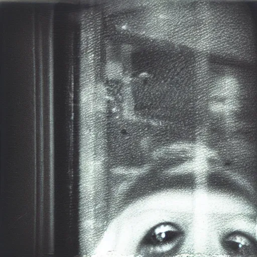 Image similar to dark room with a face peering through the window, distuburbing, horror, nightmare, terrifying, surreal, nightmare fuel, old polaroid, blurry, expired film, lost footage, found footage,