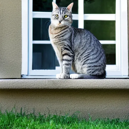 Prompt: a cute grey tabby cat sitting on the corner of a front yard outside in the late afternoon on a beautiful summer day, sunset