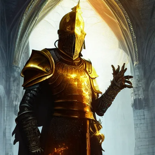 Prompt: 4k dark fantasy artwork of an golden knight standing in a dimmly lit cathedral dark souls 3, art by greg rutkowski, art by craig mullins, art by thomas kincade, art by Yoshitaka Amano