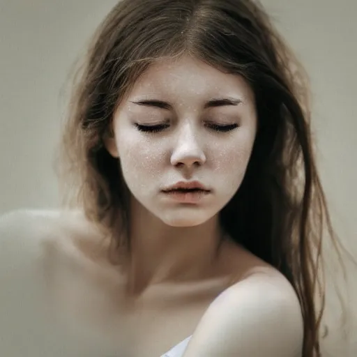 Image similar to photorealistic portrait of a beautiful young woman, very blurry, out of focus, translucent stone white skin, closed eyes, foggy, closeup