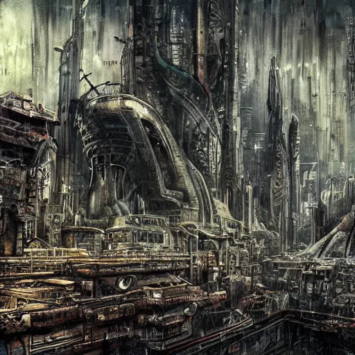 Prompt: abandoned ruined futuristic mega city, gothic art, color, detailed, eerie, emotional, sad, highly detailed, sharp focus, motherboard, Artstation, deviantart, artgem, insane detail, watercolor, golden ratio, n the style of Heavy Metal Comics