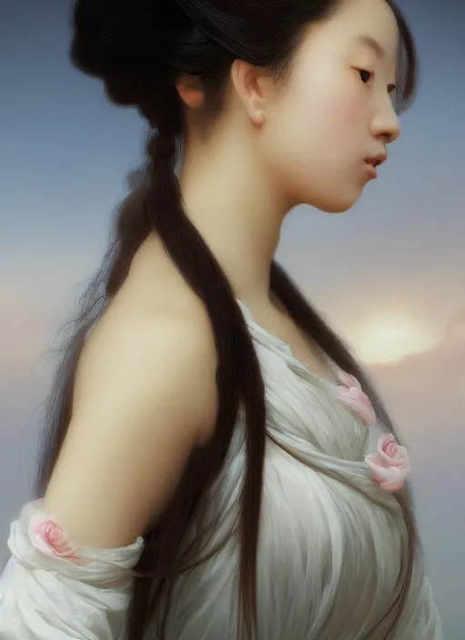 Image similar to oil painting close up portrait of a contemplative young japanese - nigerian woman with long dark flowing hair in a dress made of white roses!! at sunset, hazy, digital art, chiaroscuro, artstation, cinematic, golden hour, digital art painting by greg rutkowski, william - adolphe bouguereau, hazy atmosphere, cinematic lighting