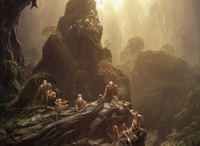 Image similar to a dramatic highly detailed render of Gollum family , Middle-earth , by WLOP and Artgerm and Greg Rutkowski and Alphonse Mucha, Beautiful dynamic dramatic dark moody lighting, shadows, cinematic atmosphere, Artstation, concept design art, Octane render, 8K, masterpiece, sharp focus, hyperrealistic