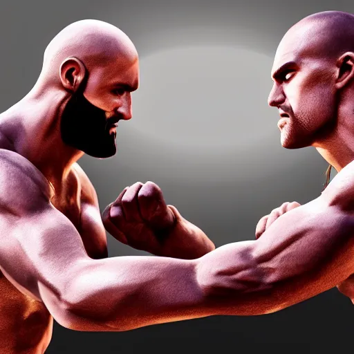 Image similar to jesus christ arm wrestling with the rock johnson, 3 d render, unreal engine, hd, 4 k