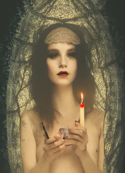 Image similar to a photo of a woman in a dark room wearing lace smoking a cigarette advertisement photography by mucha, candlelight, pagan, extremely coherent, sharp focus, elegant, sharp features, render, octane, detailed, award winning photography, masterpiece, rim lit