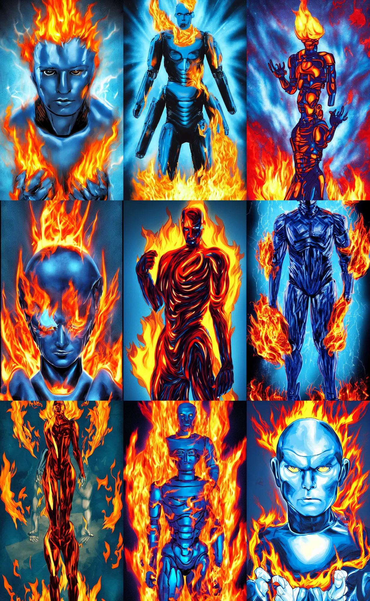 Prompt: comic book movie poster of a portrait blueish humanoid android surrounded by flames by gabz