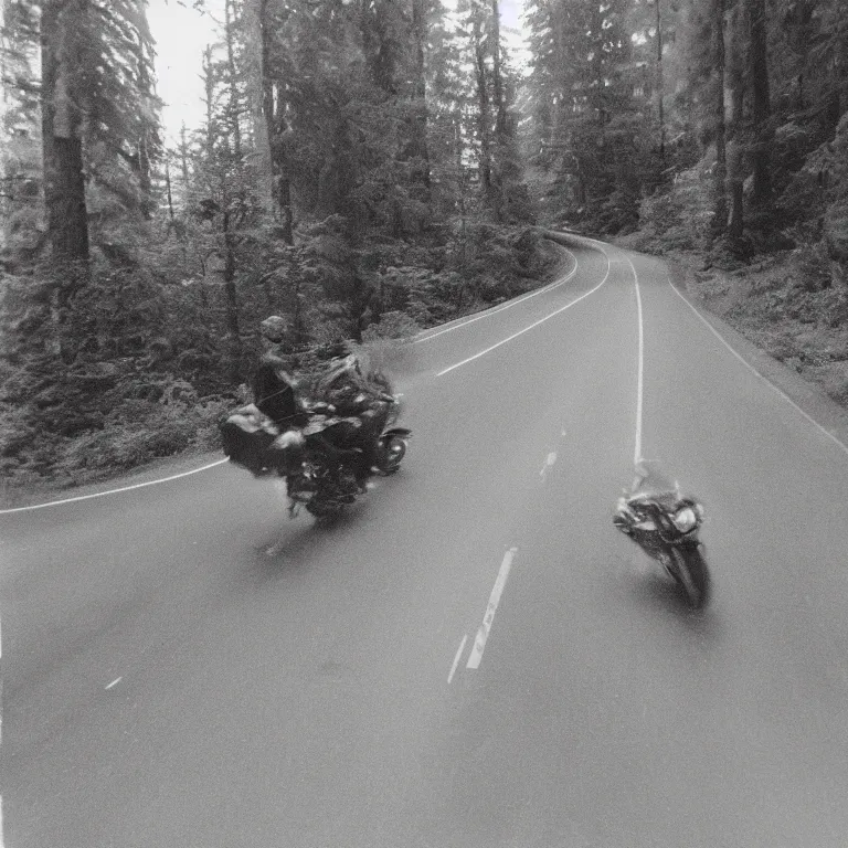 Image similar to a pinhole photograph of bigfoot riding a motorcycle through redwood national park