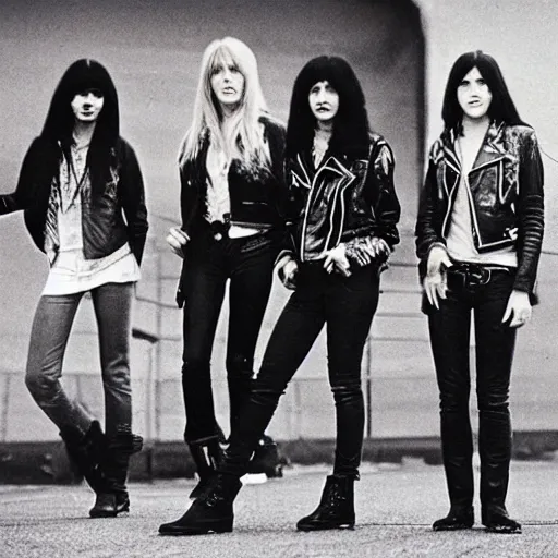 Image similar to group of 1 9 - year - old girls wearing black leather jackets and denim jeans, long wavy hair, proto - metal band promo, band promo, hard rock band, 1 9 7 0 photograph