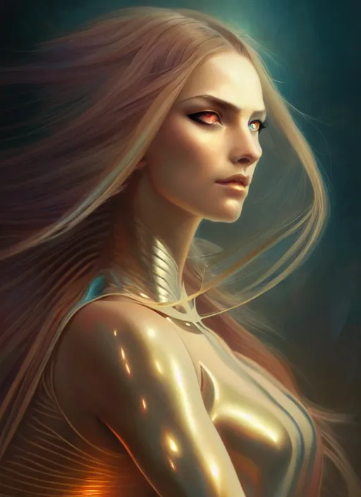 Image similar to futuristic woman portrait, sci-fi, amber eyes, face, long hair, fantasy, intricate, elegant, highly detailed, digital painting, artstation, concept art, smooth, sharp focus, illustration, art by artgerm and greg rutkowski and alphonse mucha