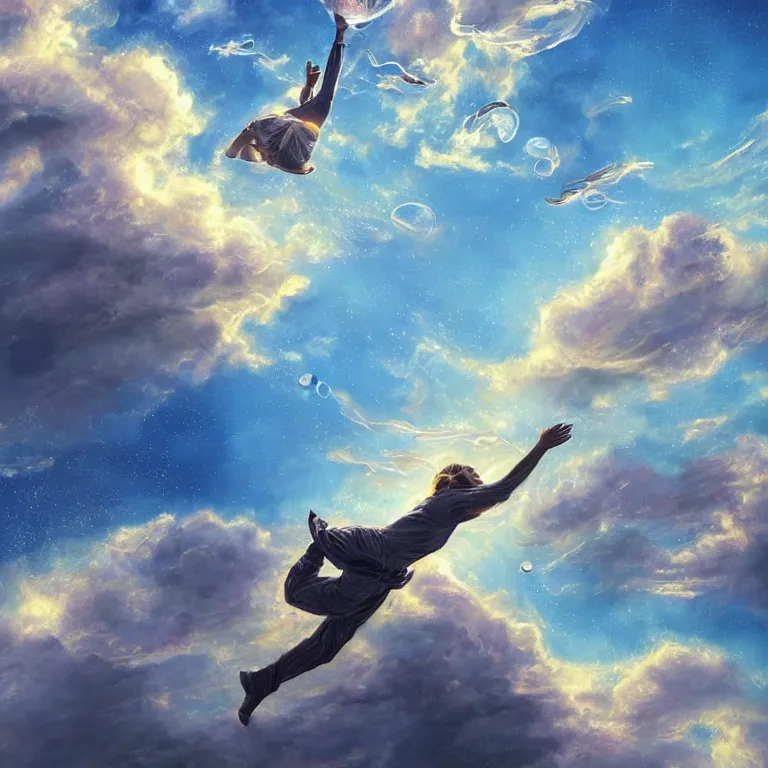 Prompt: a beautiful detailed painting of a shot close - up human flying in the sky as in a dream, around fluffy airy soft clouds that sparkle and glow with different lights and also foam like soap bubbles, highly detailed, 8 k resolution, hdr, photorealistic