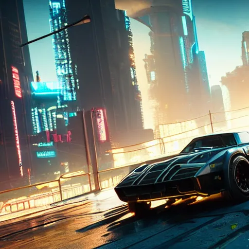 Image similar to Cyberpunk 2077 car Quadra Turbo-R V-Tech, driving down dusty city dystopian, long distance shot , by Mead, Syd