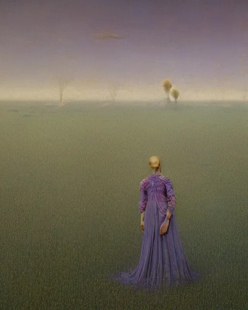 Image similar to A portrait of a woman wearing clothes made out of dying flowers, nuclear explosion in the background, Masterpiece, cyan skin, glowing, wires everywhere, by Edgar Maxence and Ross Tran, Zdzisław Beksiński, and Michael Whelan, distant, gustav dore, H.R. Giger, 8k, octane render