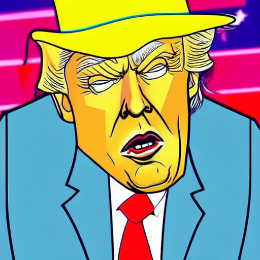 Image similar to caricature of donald trump wearing a polygon walter white hat, synthwave synthwave synthwave synthwave