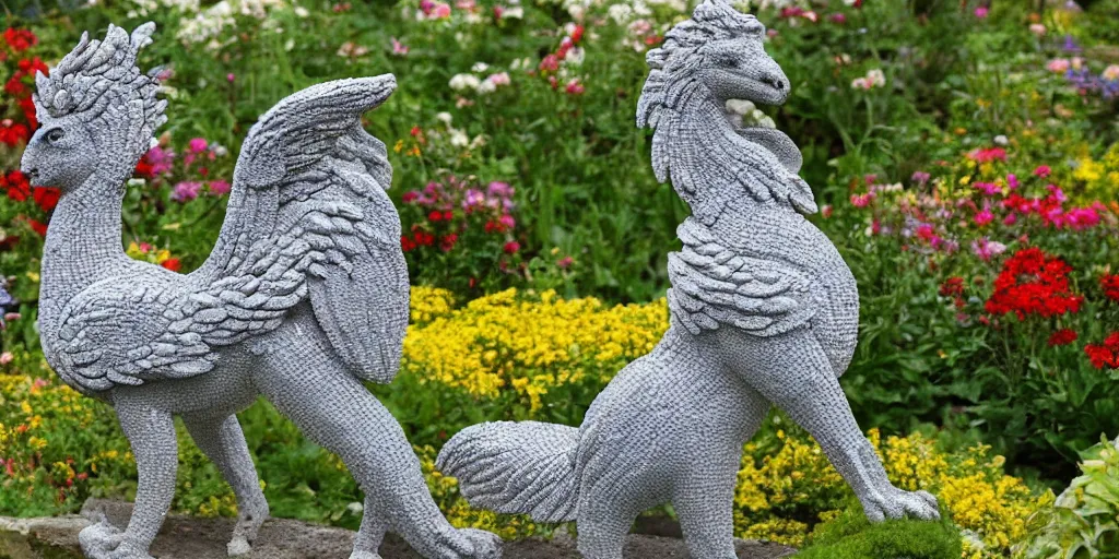 Image similar to extremely detailed pebble mosaic statue, of a griffin, in an english cottage style flower garden