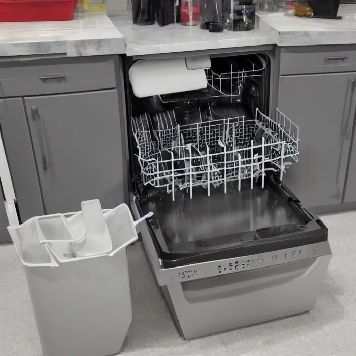 Prompt: prototype design for a dishwasher that cleans dishes and then goes to pick up the trash. highly detailed.