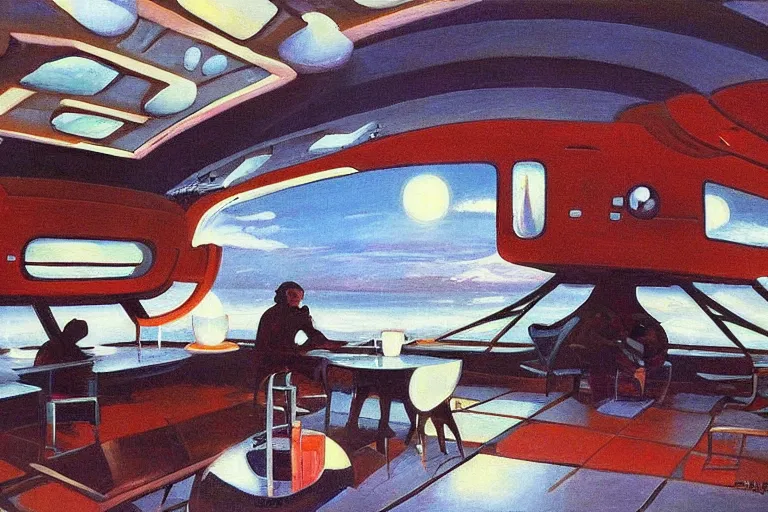 Image similar to coffee shop in a spaceship by robert theodore mccall