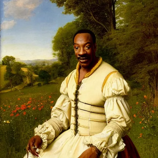 Image similar to renaissance portrait of Eddie Murphy by a meadow in a forest, masterpiece by Eugene de Blaas