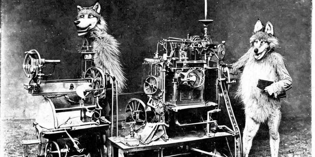 Image similar to anthropomorphic furry wolf controlling an obscure machine that has been lost to time, 1900s photograph