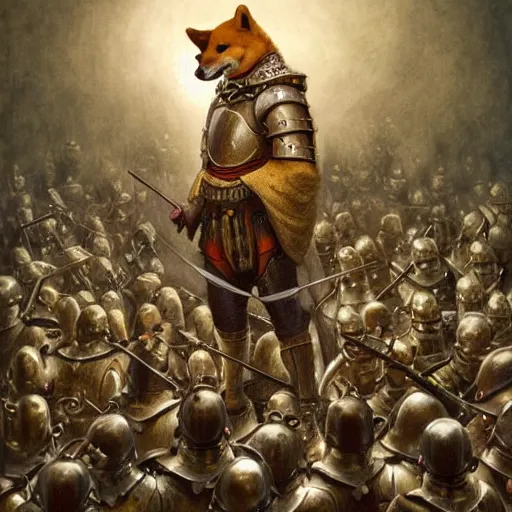 Image similar to anthropomorphic shiba inu is, army of knights wearing armor, anthropomorphic shiba inu medieval banquet, stuning fantasy 3 d render, masterpiece, glowing aura, by donato giancola and greg rutkowski and wayne barlow and zdzisław beksinski, realistic face