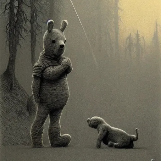 Prompt: Winnie-the-Pooh as a dark souls boss by zdzisław beksiński