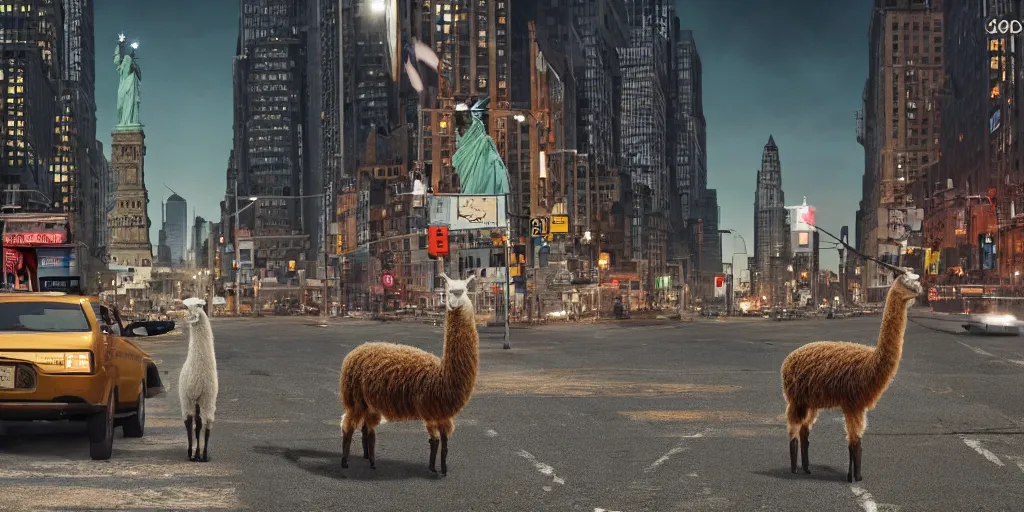 Image similar to a llama walking through a desolate manhattan city street at night, statue of liberty seen in the background, realistic 4 k octane beautifully detailed render, 4 k post - processing, highly detailed, detailed face, intricate complexity, epic composition, magical atmosphere, cinematic lighting, masterpiece, color picture, ultra hd