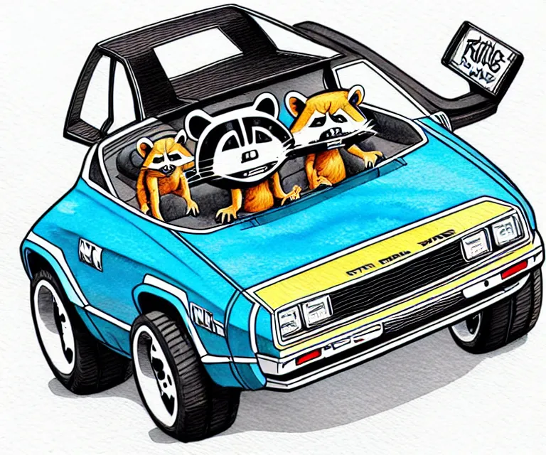 Image similar to cute and funny, racoon wearing a helmet riding in a tiny hot rod dmc delorean with oversized engine, ratfink style by ed roth, centered award winning watercolor pen illustration, isometric illustration by chihiro iwasaki, edited by range murata