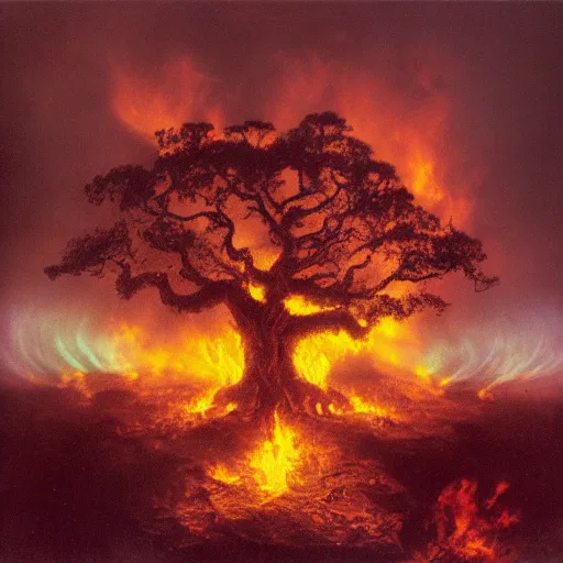 Prompt: an oak tree aflame, still, fog in background, dantes inferno, evil album cover