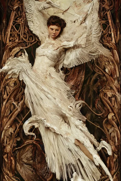 Prompt: breathtaking detailed soft painting of a flight of numerous birds in gauze dress, by guillermo lorca, a white water splash in bleeding meat and flesh, dynamic pose and movement, in an intricate art nouveau stained glass of bones, rembrandt style, elegant, highly detailed, artstation, concept art, matte, sharp focus,