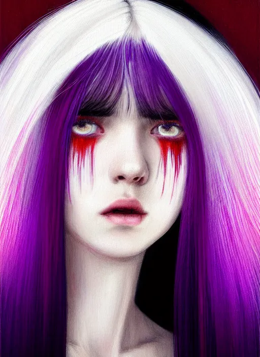 Image similar to hair whitebangs hair, black hair, whitebangs, portrait of teenage girl with white bangs, red irises, purple clothes, white bangs, bangs are different color from hair, intricate, elegant, glowing lights, highly detailed, digital painting, artstation, concept art, smooth, sharp focus, illustration, art by wlop, mars ravelo and greg rutkowski