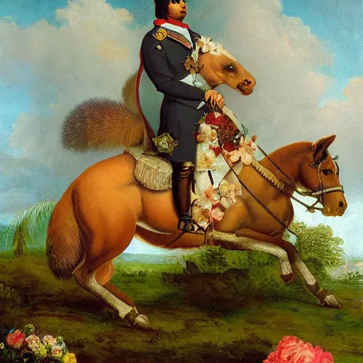 Image similar to a giant squirrel carrying napoleon bonaparte on its back, beach scene with flowers and foliage, detailed oil painting