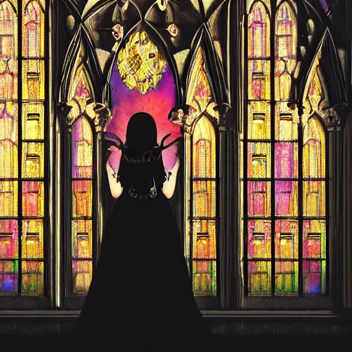 Prompt: a gothic cathedral with orange flames reflected into its windows, a gothic girl dressed in black, macro head, perfect face, detailed intricate arabesque dress