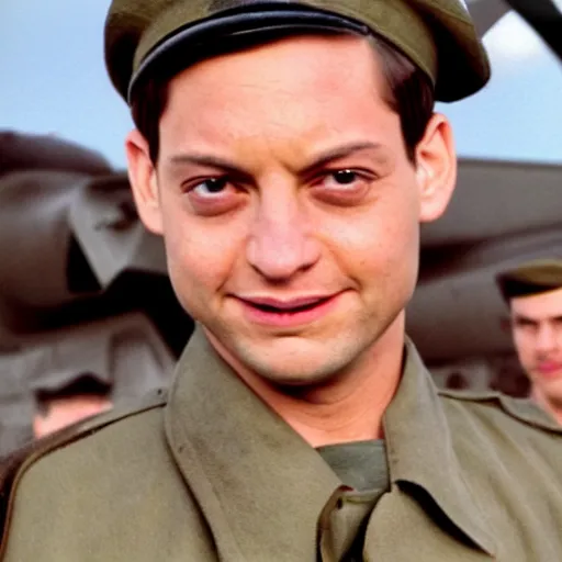 Prompt: tobey maguire dressed as a us ww 2 army soldier during the battle of midway, highly detailed, cinematic lighting, photorealistic