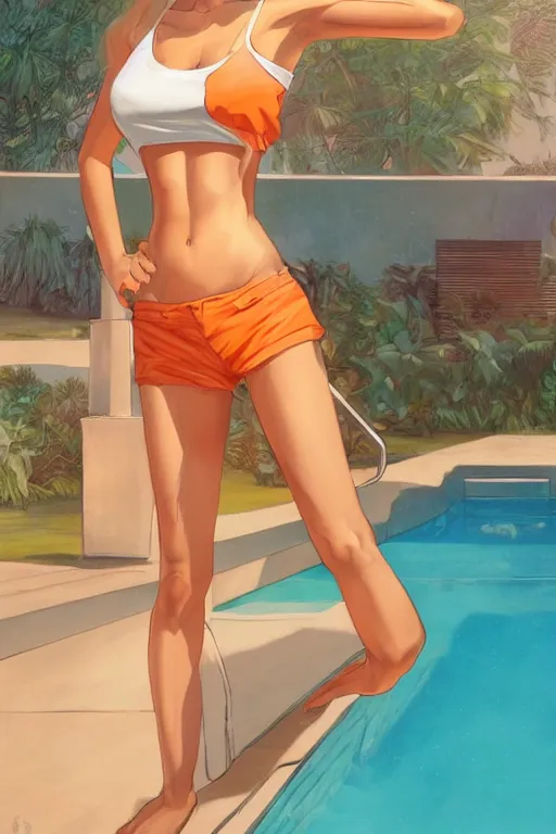 Image similar to a beautiful woman with hip-length blonde hair, wearing a cut-off white top and short light orange shorts, stands by a swimming pool, facing forward, in the style of artgerm and moebius and annie liebovitz, photorealistic, highly detailed, trending on artstation