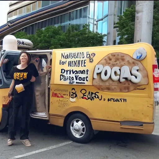 Prompt: ellen degenerates driving a potato van filled with mailmen in pittsburgh real life, 8 k, 4 k uhd, realistic, hyper realistic, super detailed, very detailed, detailed