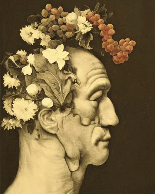 Prompt: a man's face in profile, clean shaven, made of flowers and fruit, in the style of the Dutch masters, dark and moody